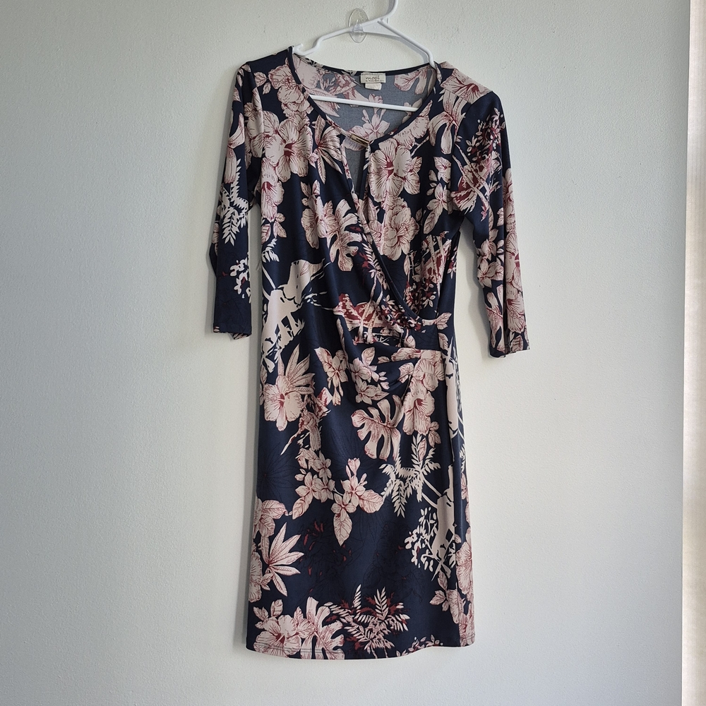 Moci Purple Rain Navy blue and Pink Sheath Dress Neck 3/4 Sleeve Ladies